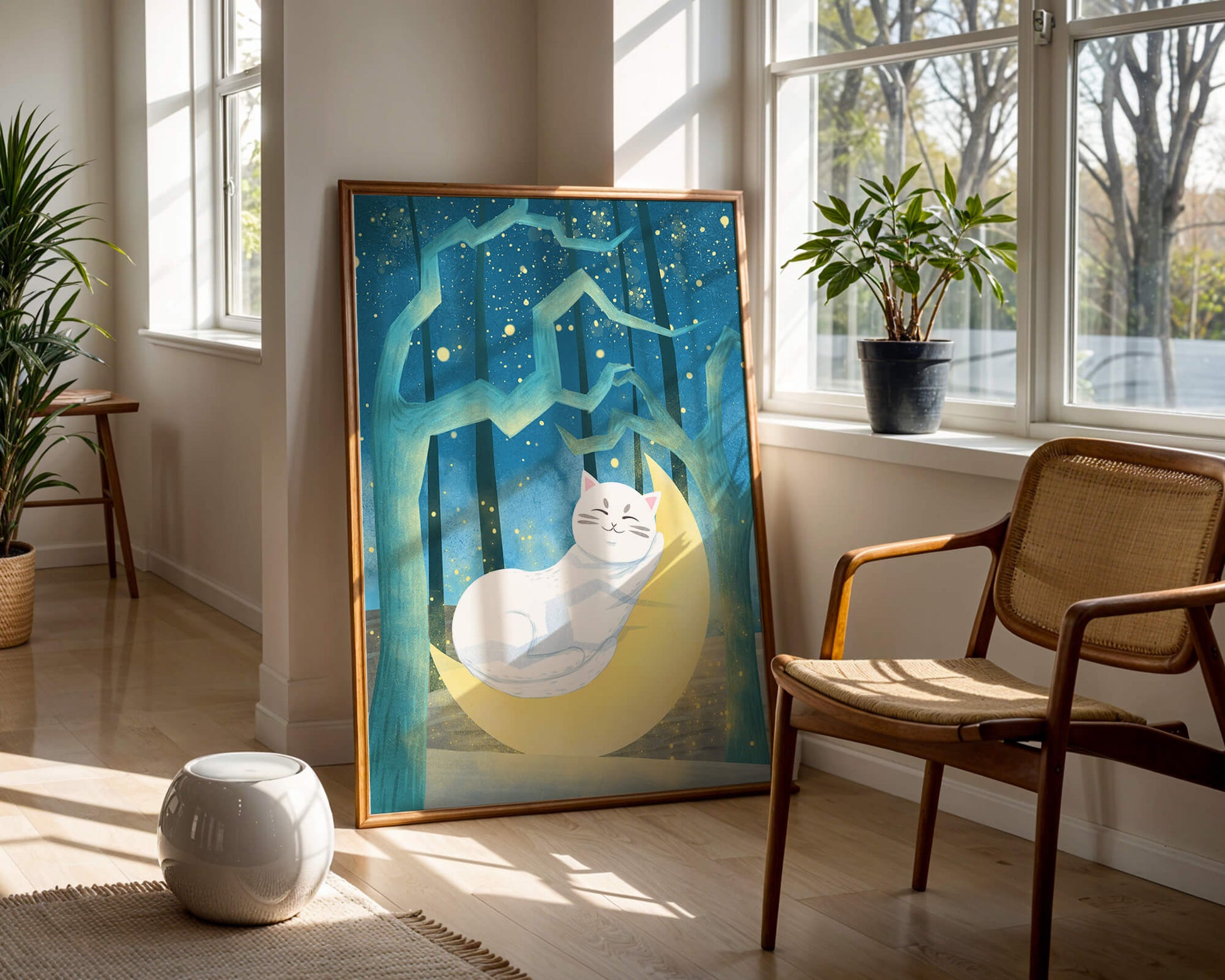 Cat sleeping on the moon in an enchanted forest under the starry sky