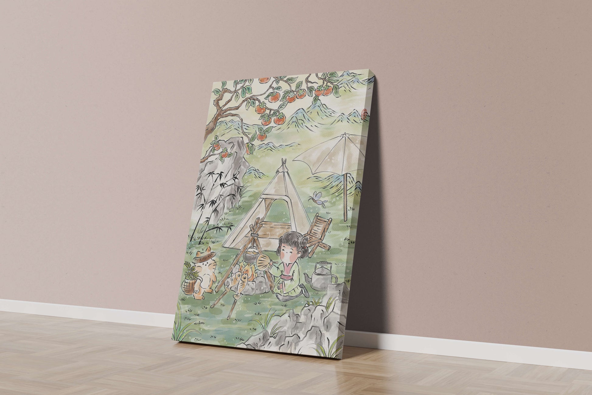 Escena encantadora de camping con un niño y un gato bajo un árbol de caqui