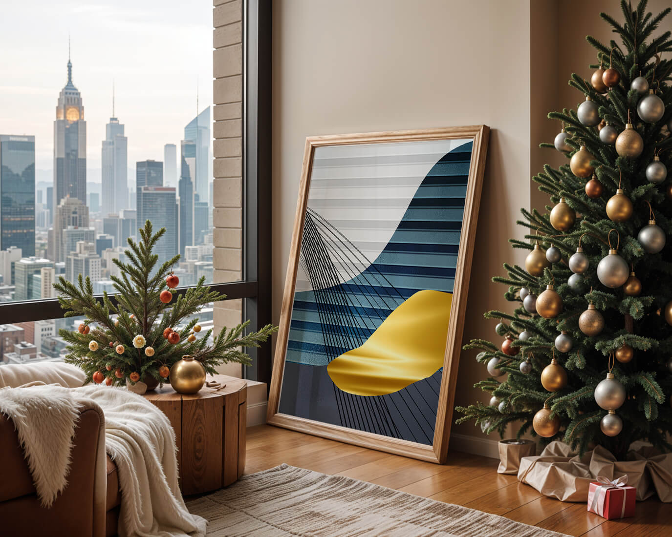 Abstract Composition with Blue and Gold Elements