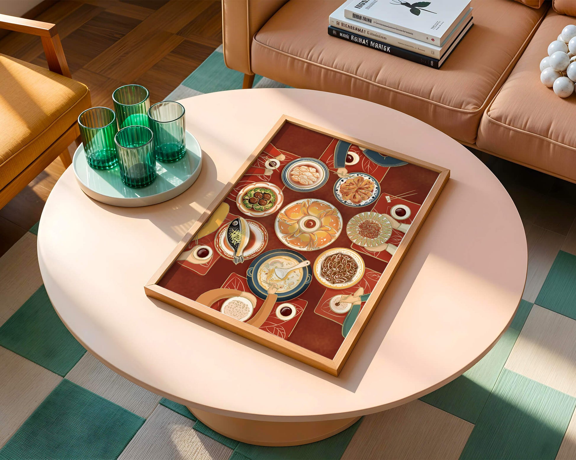 Colorful Chinese cuisine on a dining table with traditional dishes