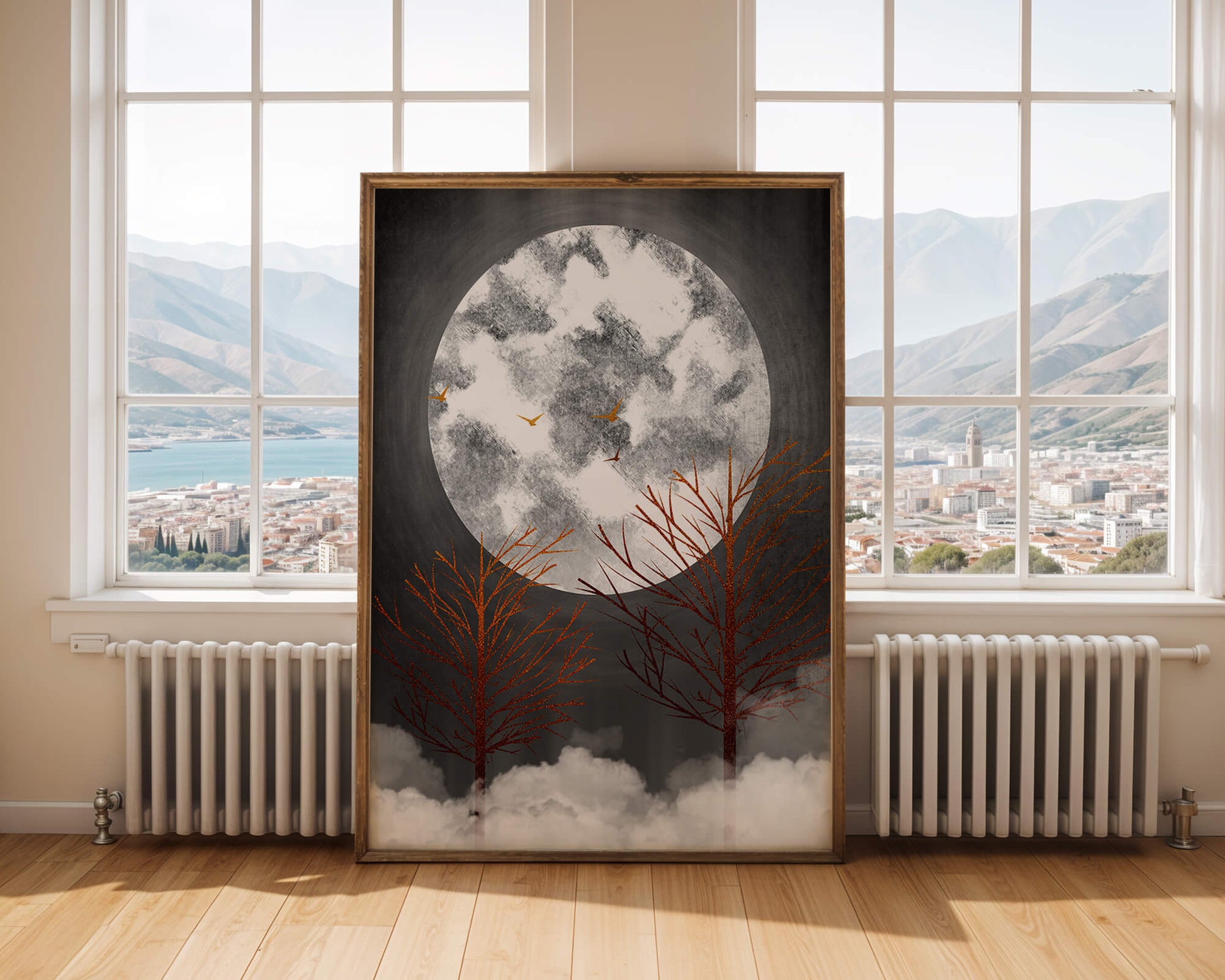 Surreal Night Scene with Trees and Golden Birds in Moonlight