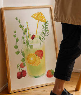 Refreshing summer drink illustration with fruits and greenery