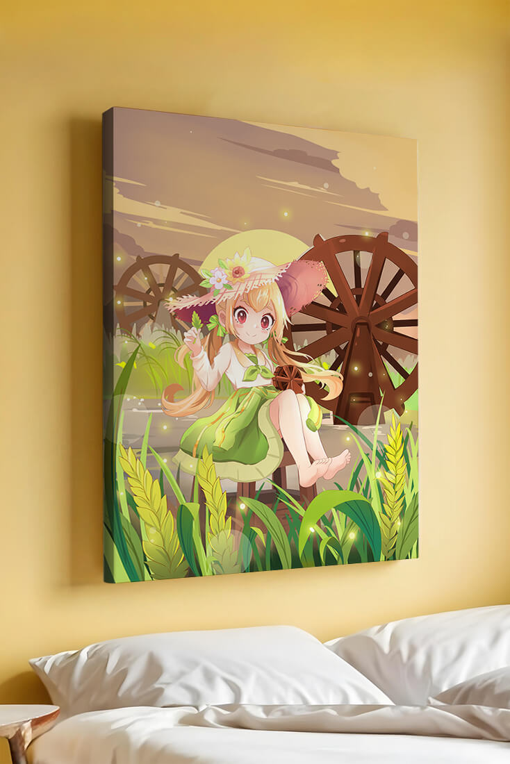 Enchanted countryside scene with a cute character and vibrant nature