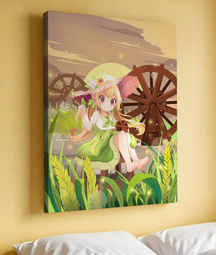 Enchanted countryside scene with a cute character and vibrant nature