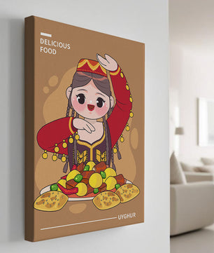 Illustration d’une figure culturelle ouïghoure portant un costume traditionnel et partageant un repas festif
