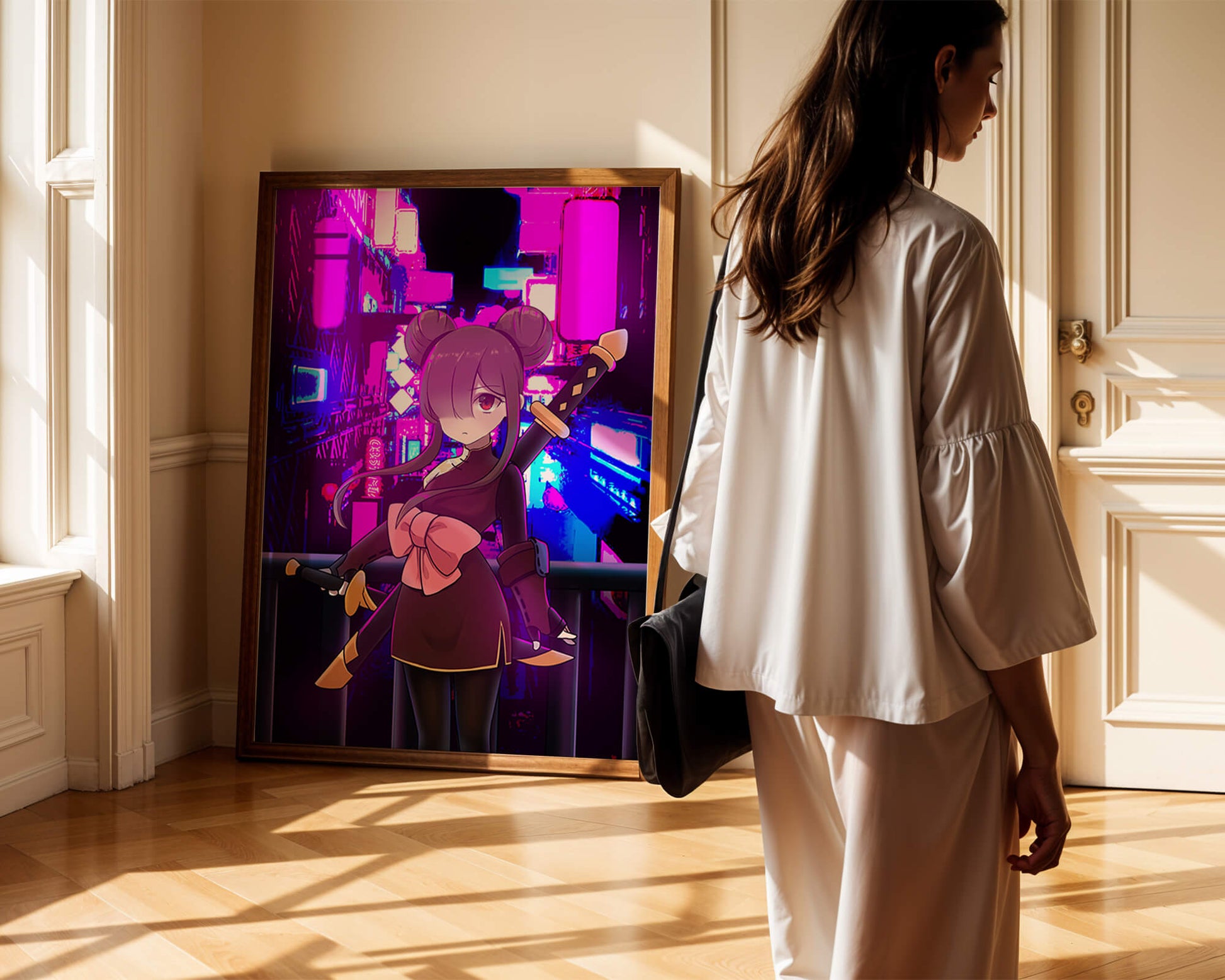 Anime Character with Swords and Neon Cityscape Background