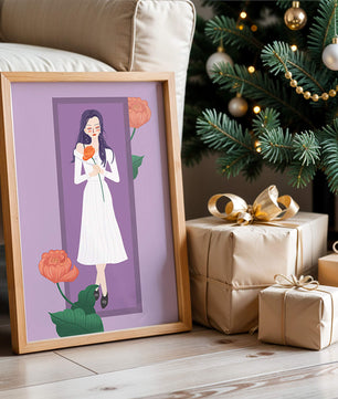 Illustration of a woman holding a flower in a serene pose
