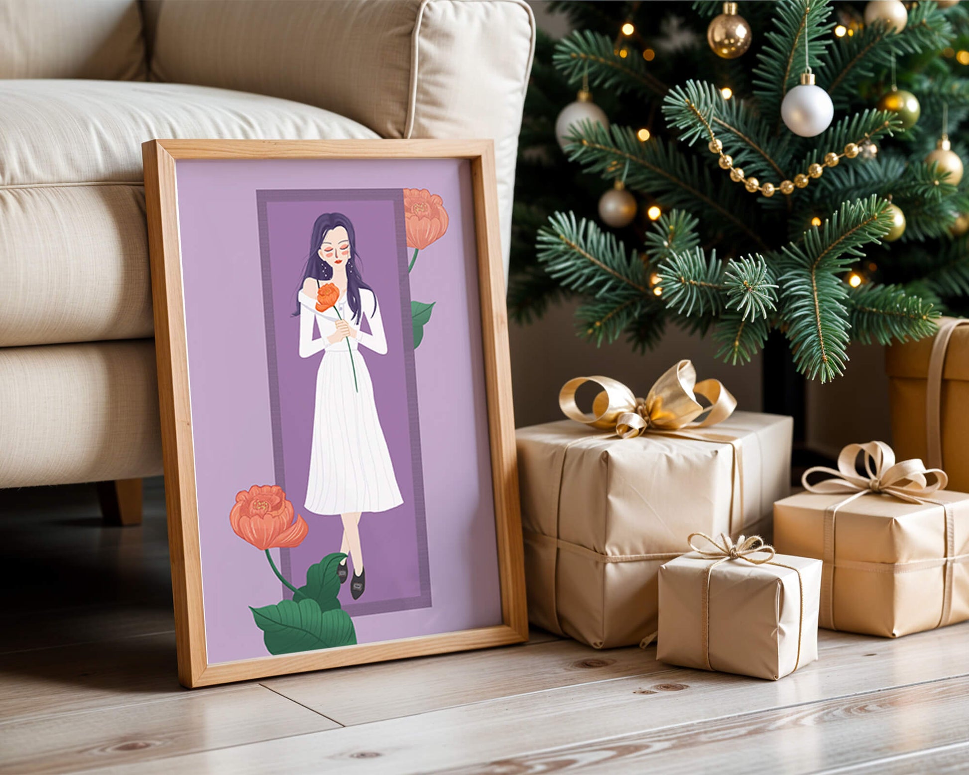 Illustration of a woman holding a flower in a serene pose