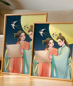 Elegant illustration of traditional attire with scroll and swallows under a full moon