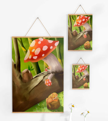 Charming forest scene with a fox resting under mushrooms