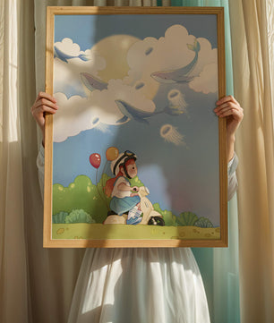 Whimsical illustration of a child riding a scooter with floating whales and balloons