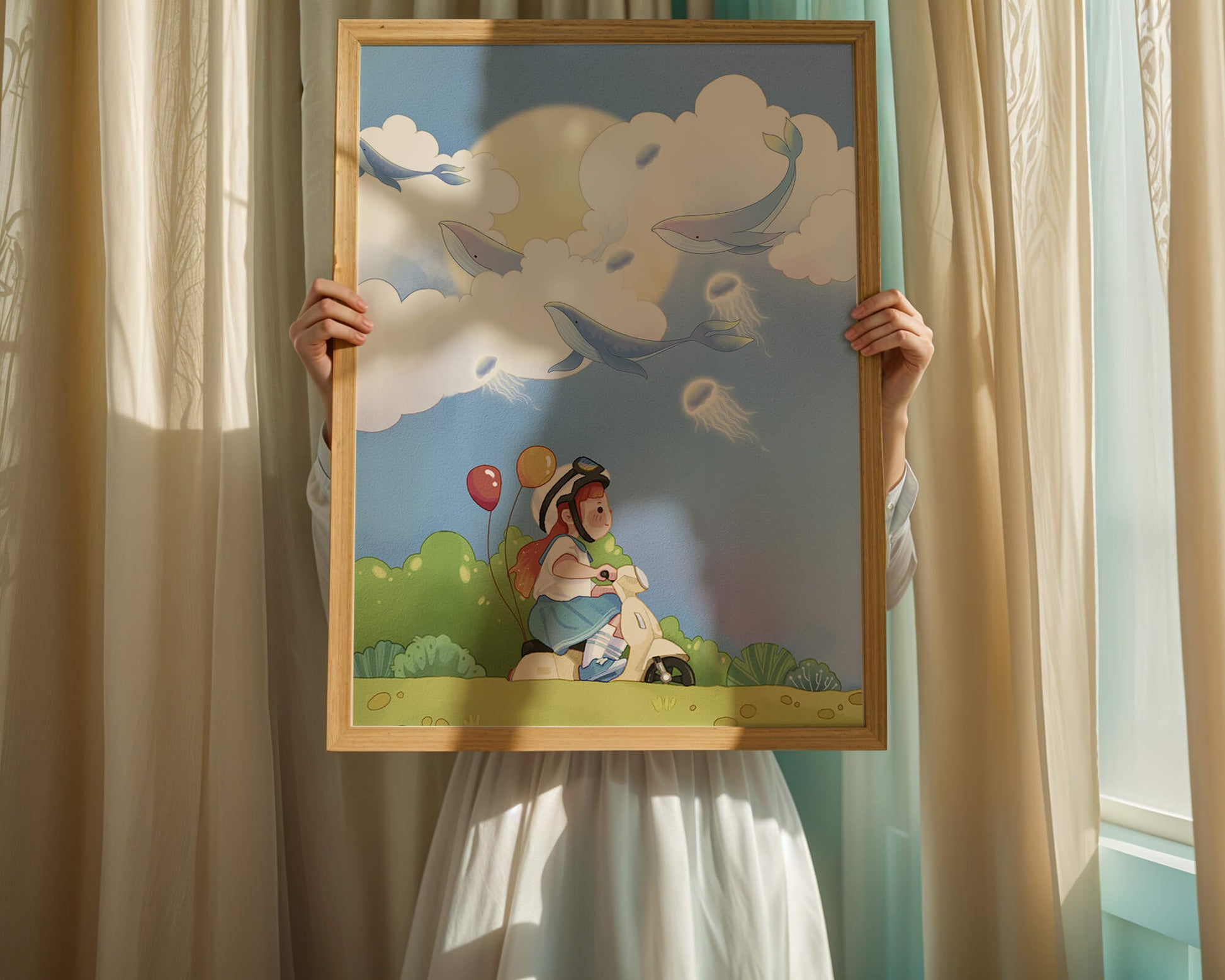 Whimsical illustration of a child riding a scooter with floating whales and balloons