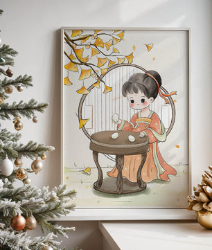 Charmante illustration d'une fille en tenue traditionnelle avec des feuilles de ginkgo