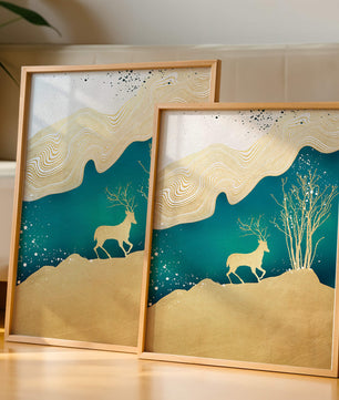 Elegante abstrakte Kunst mit goldenem Hirsch und Naturthema