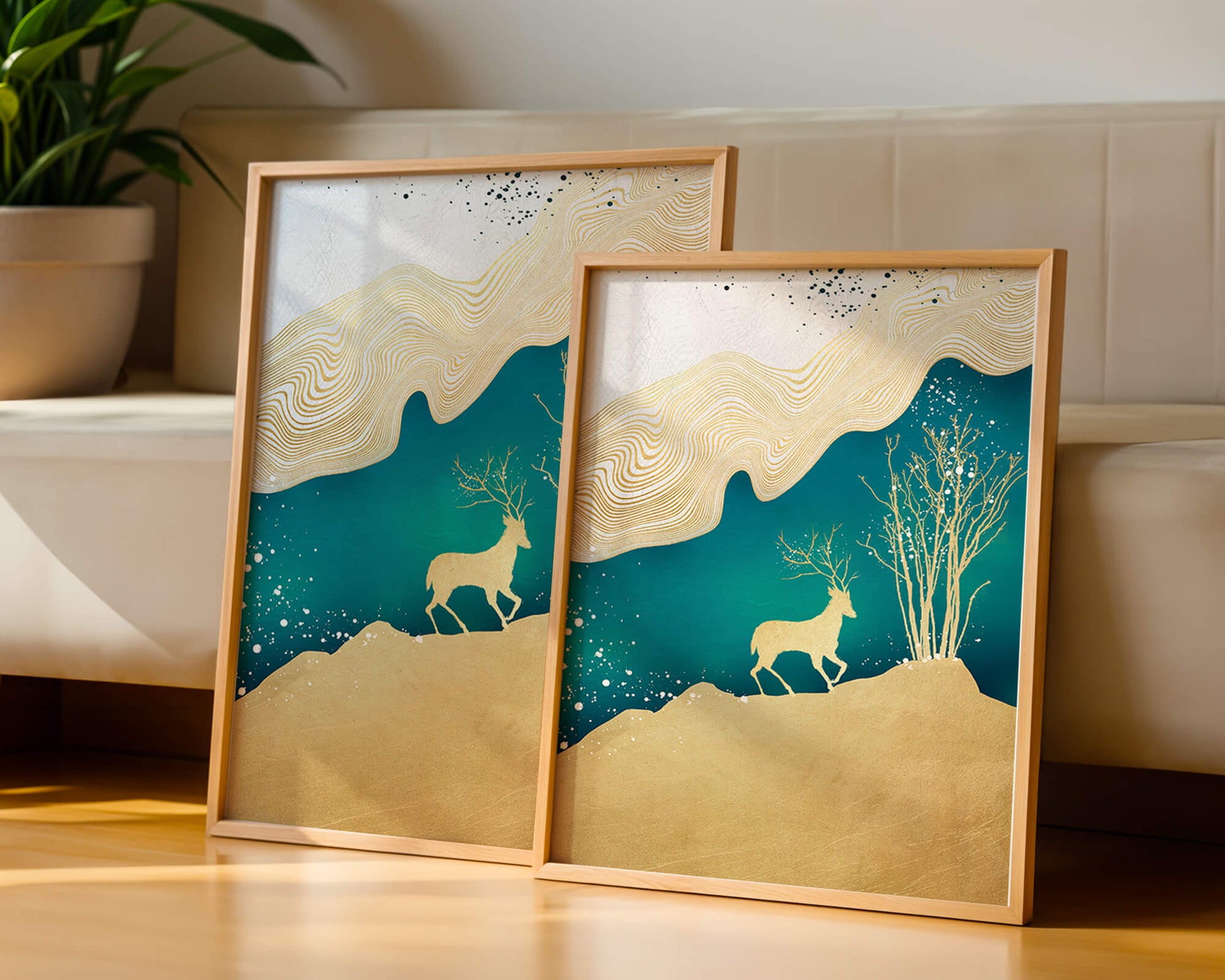 Elegante arte abstracto con ciervos dorados y temática de naturaleza.