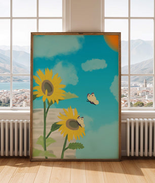Sunflowers And Butterflies Under A Bright Blue Sky