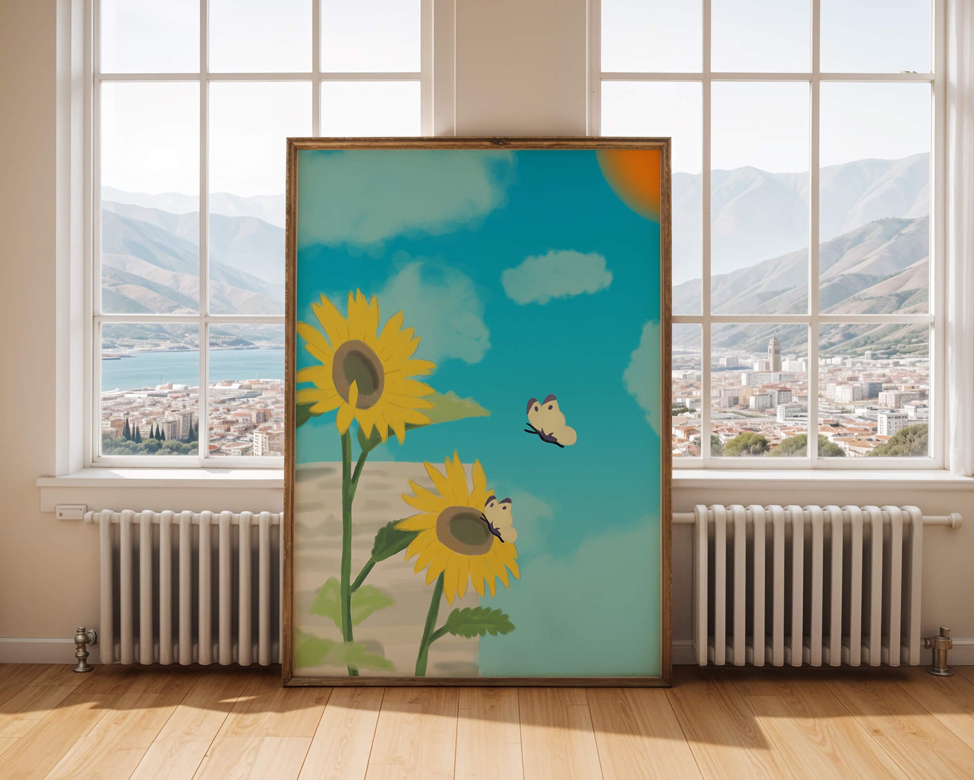 Sunflowers And Butterflies Under A Bright Blue Sky