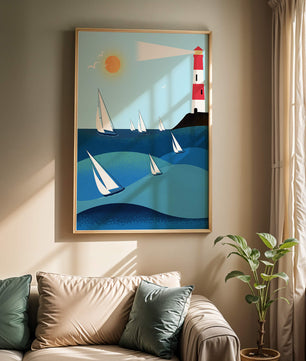 Coastal scene with sailboats and lighthouse on a bright sunny day