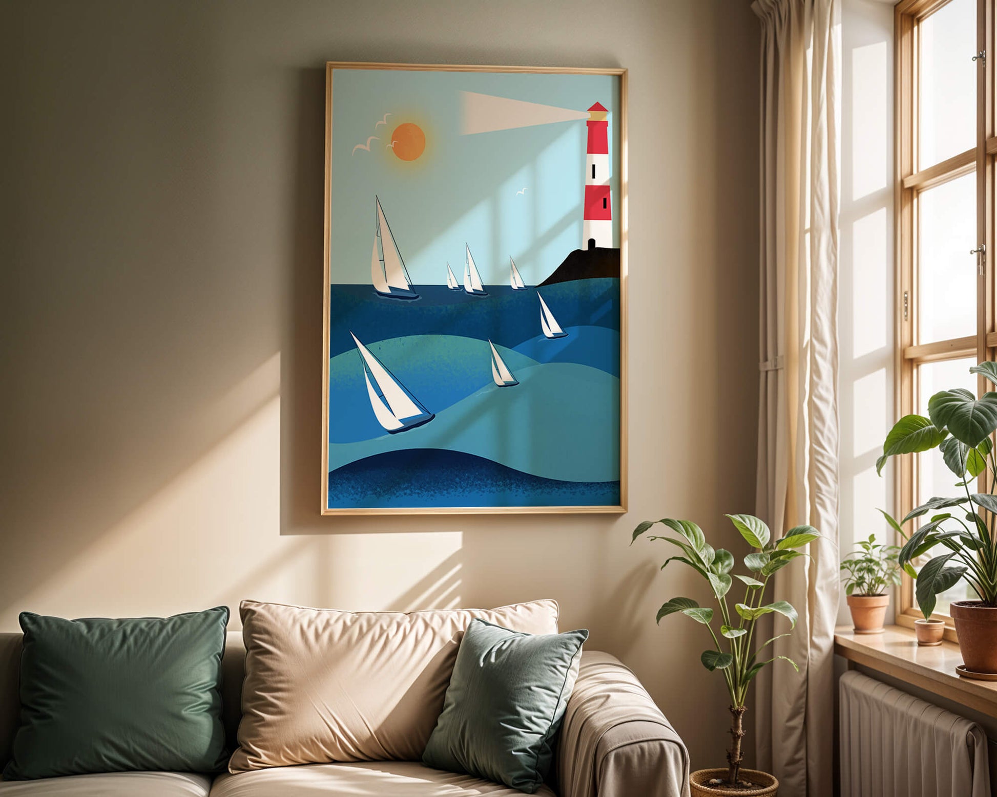Coastal scene with sailboats and lighthouse on a bright sunny day