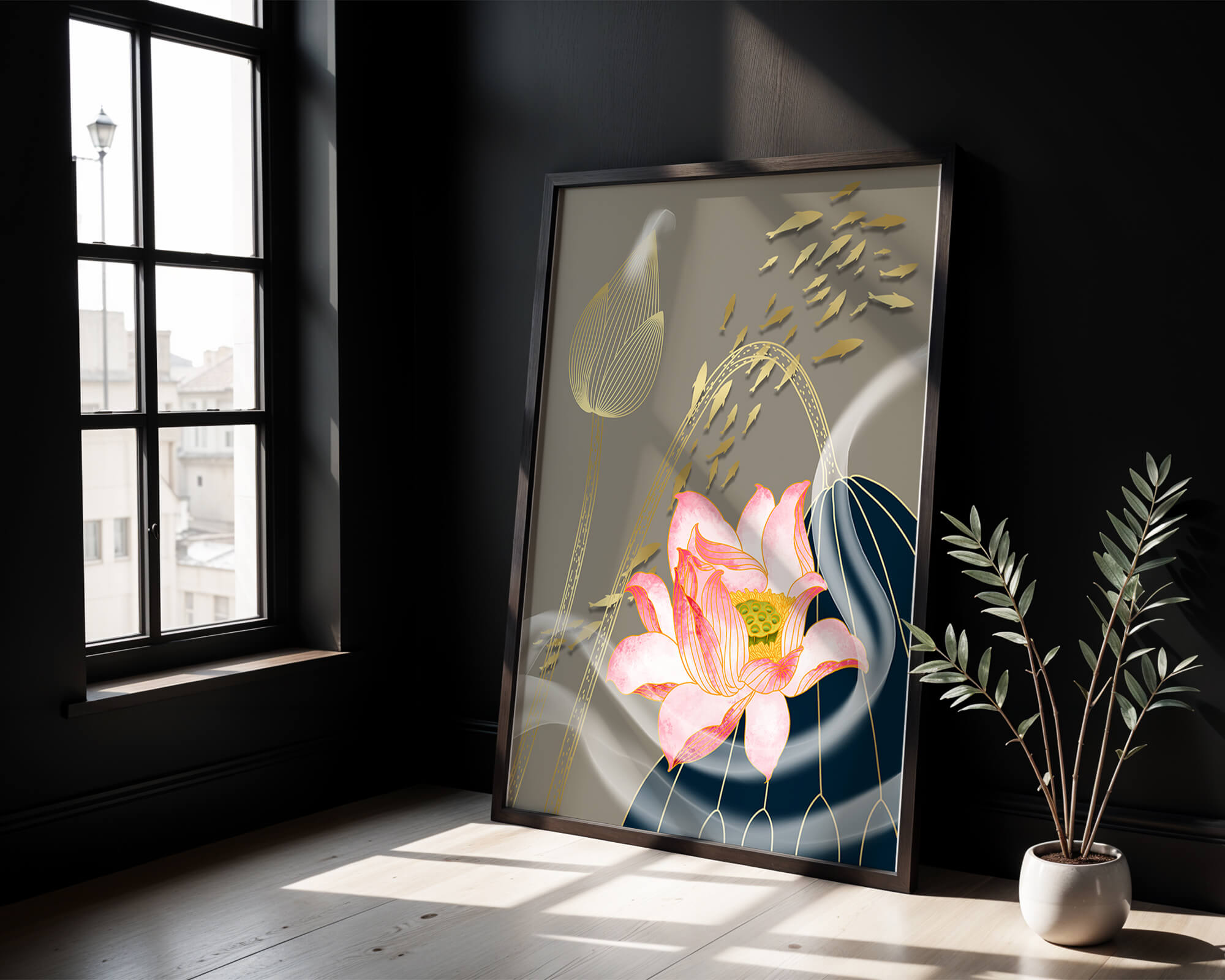 Elegant floral design with blooming lotus and golden fish accents