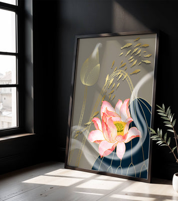 Elegant floral design with blooming lotus and golden fish accents