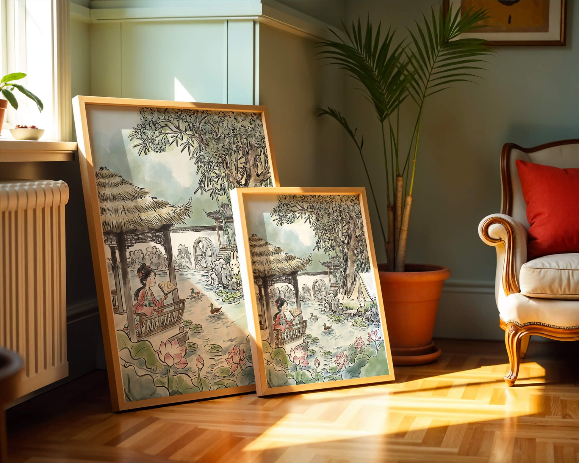 Escena tranquila de jardín con mujer, patos y conejos en un entorno tradicional