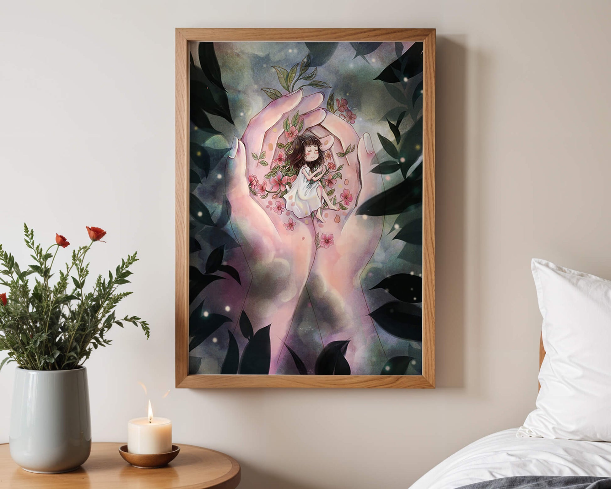 Serene illustration of a child cradled in hands with flowers