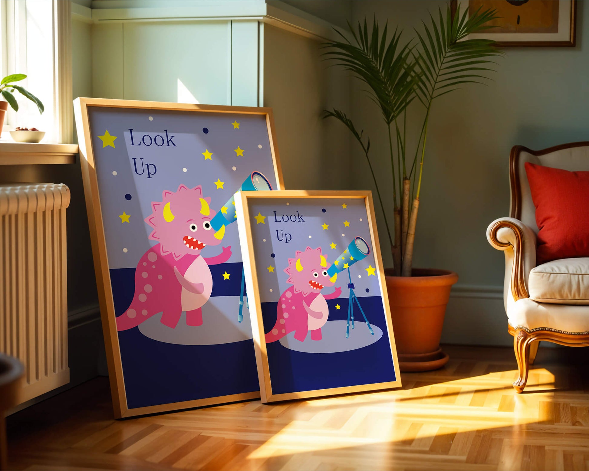 Pink cartoon dinosaur looking through a telescope with stars