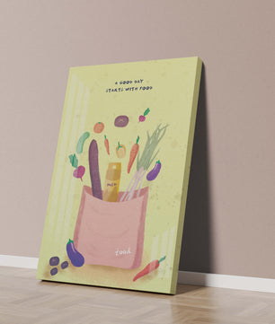 Ilustración de vegetales frescos y leche en una bolsa de comestibles