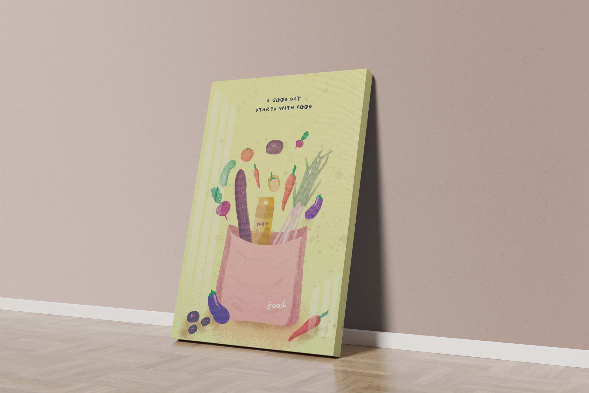 Ilustración de vegetales frescos y leche en una bolsa de comestibles