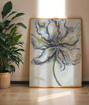 Elegant blue and green abstract floral artwork with flowing lines