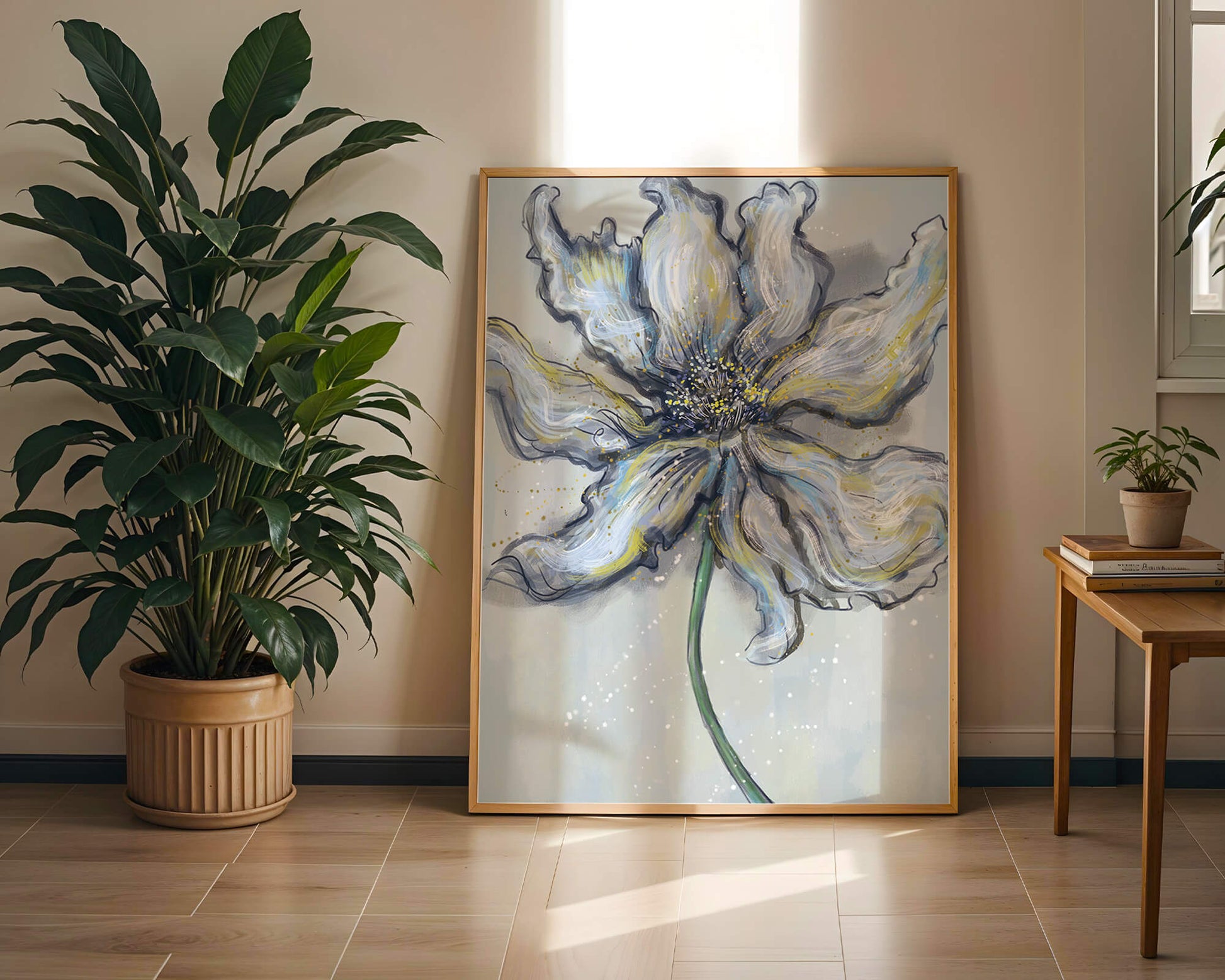 Elegant blue and green abstract floral artwork with flowing lines