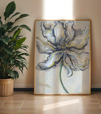 Elegant blue and green abstract floral artwork with flowing lines