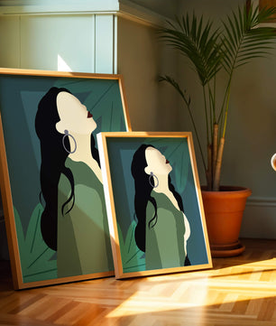 Stylized artwork of a woman with dark hair and earrings against a tropical leaf backdrop