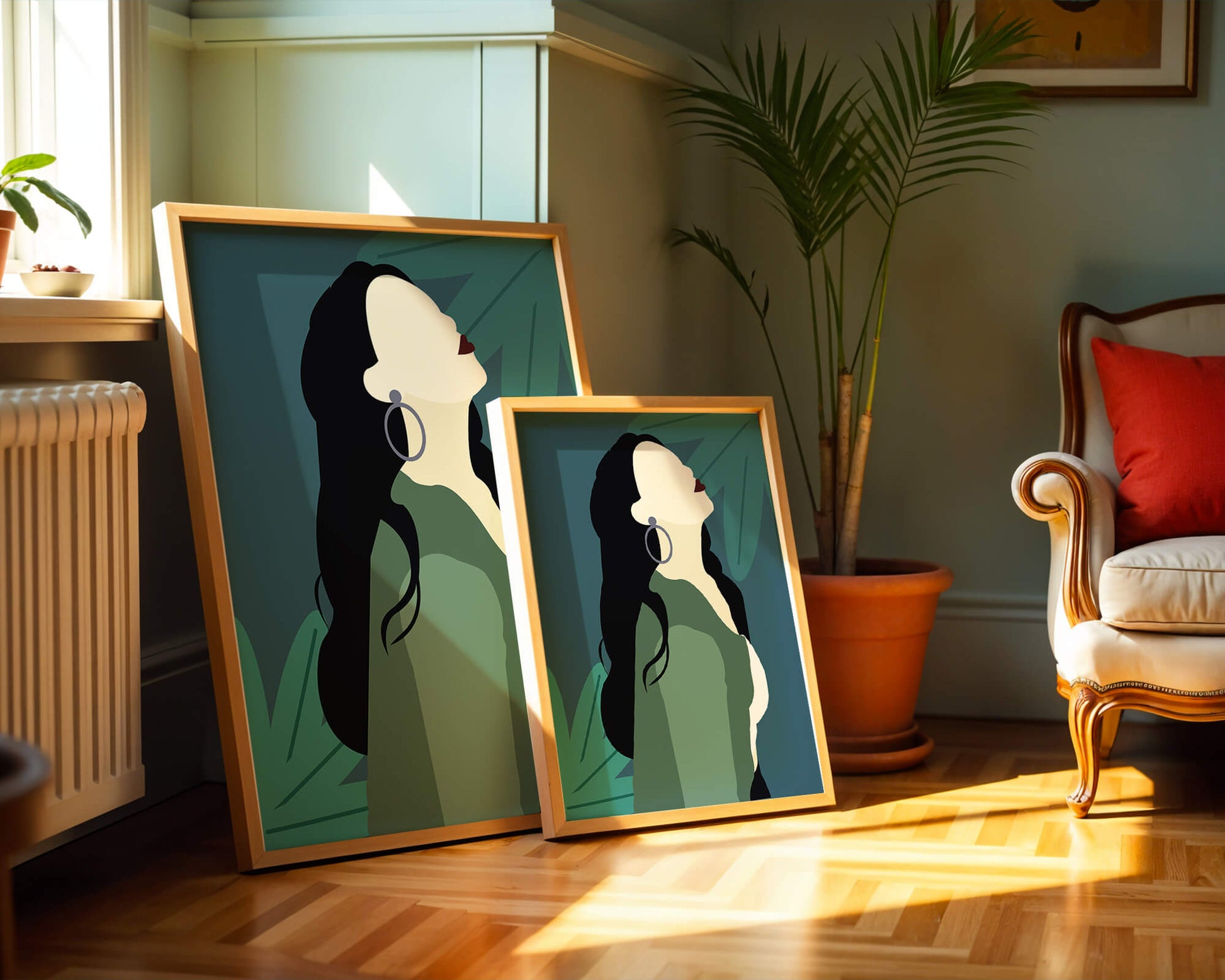 Stylized artwork of a woman with dark hair and earrings against a tropical leaf backdrop
