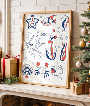 Colorful marine life illustration featuring sea creatures on a dark background