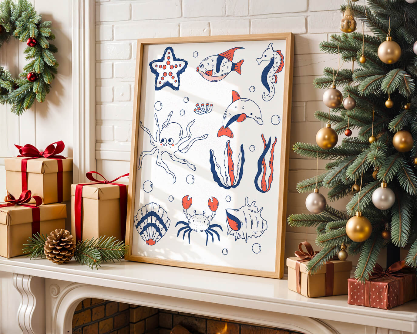 Colorful marine life illustration featuring sea creatures on a dark background