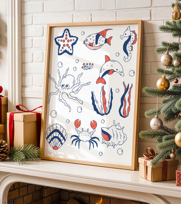 Colorful marine life illustration featuring sea creatures on a dark background