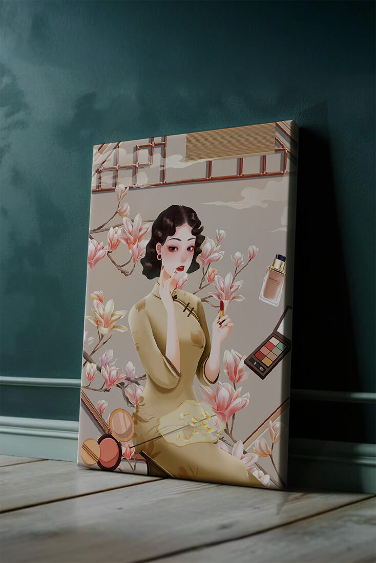 Elegant illustration of a woman with makeup and magnolia flowers