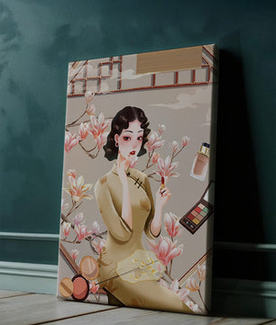 Elegant illustration of a woman with makeup and magnolia flowers
