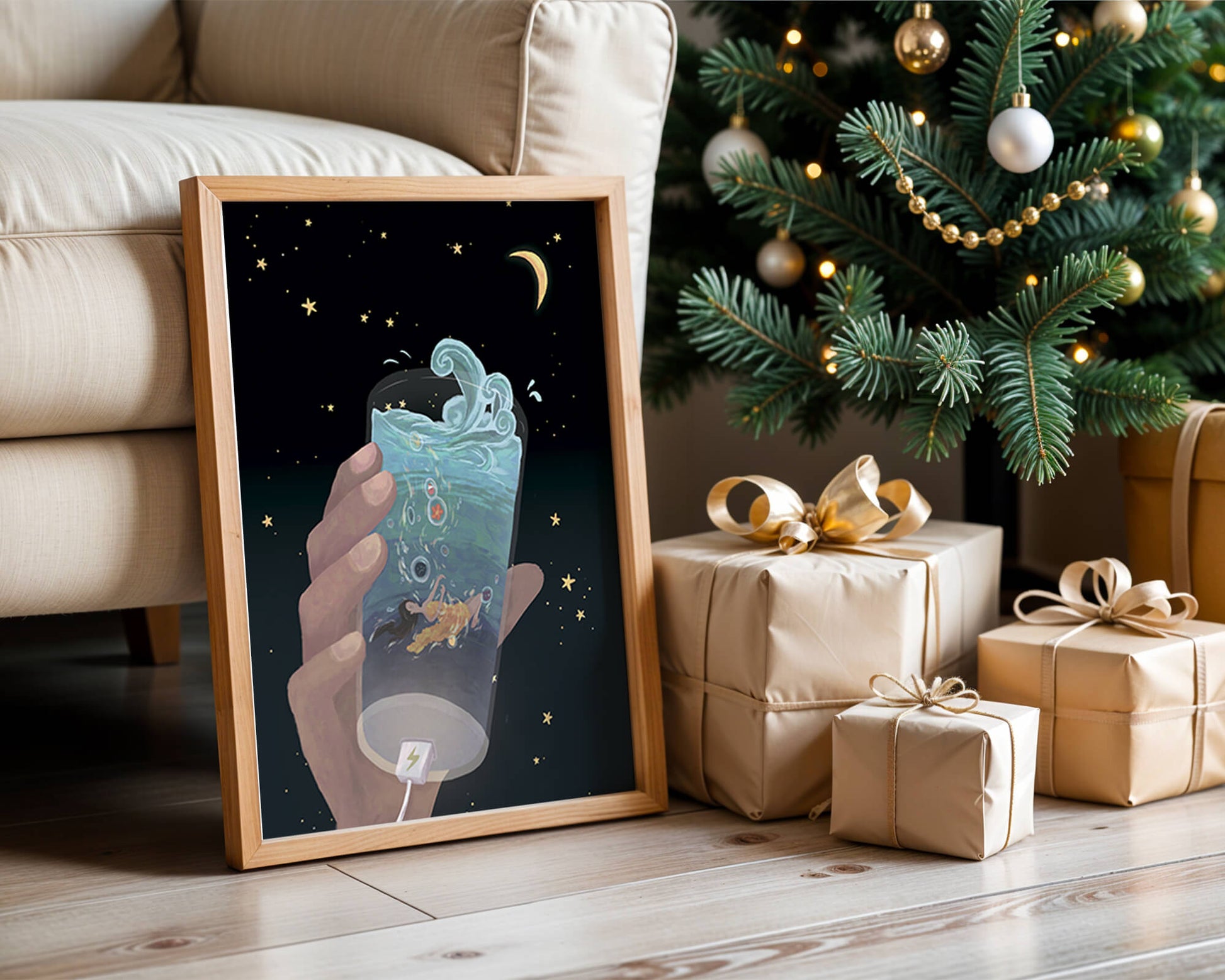 Abstract night sky scene with hand holding a glass of swirling water