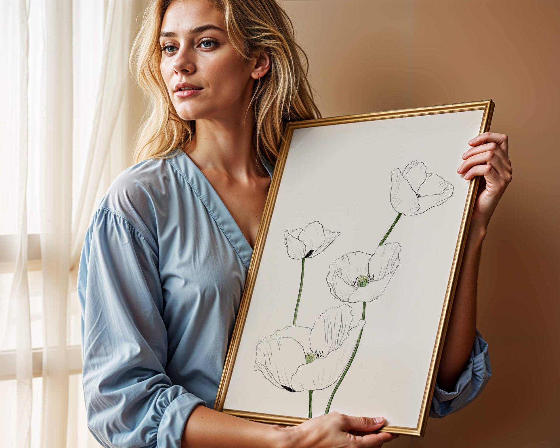 Zarte florale Linienzeichnung mit weißen Mohnblumen auf sauberem Hintergrund