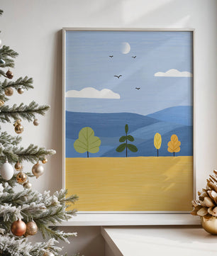Colorful Landscape with Trees and Birds in a Serene Field