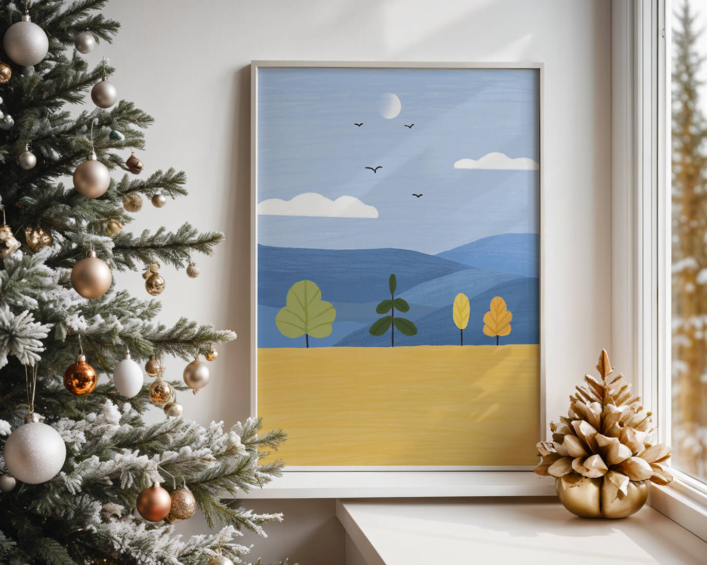 Paisaje colorido con árboles y aves en un campo sereno