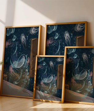 Tema de cuarto submarino con medusas y una puerta