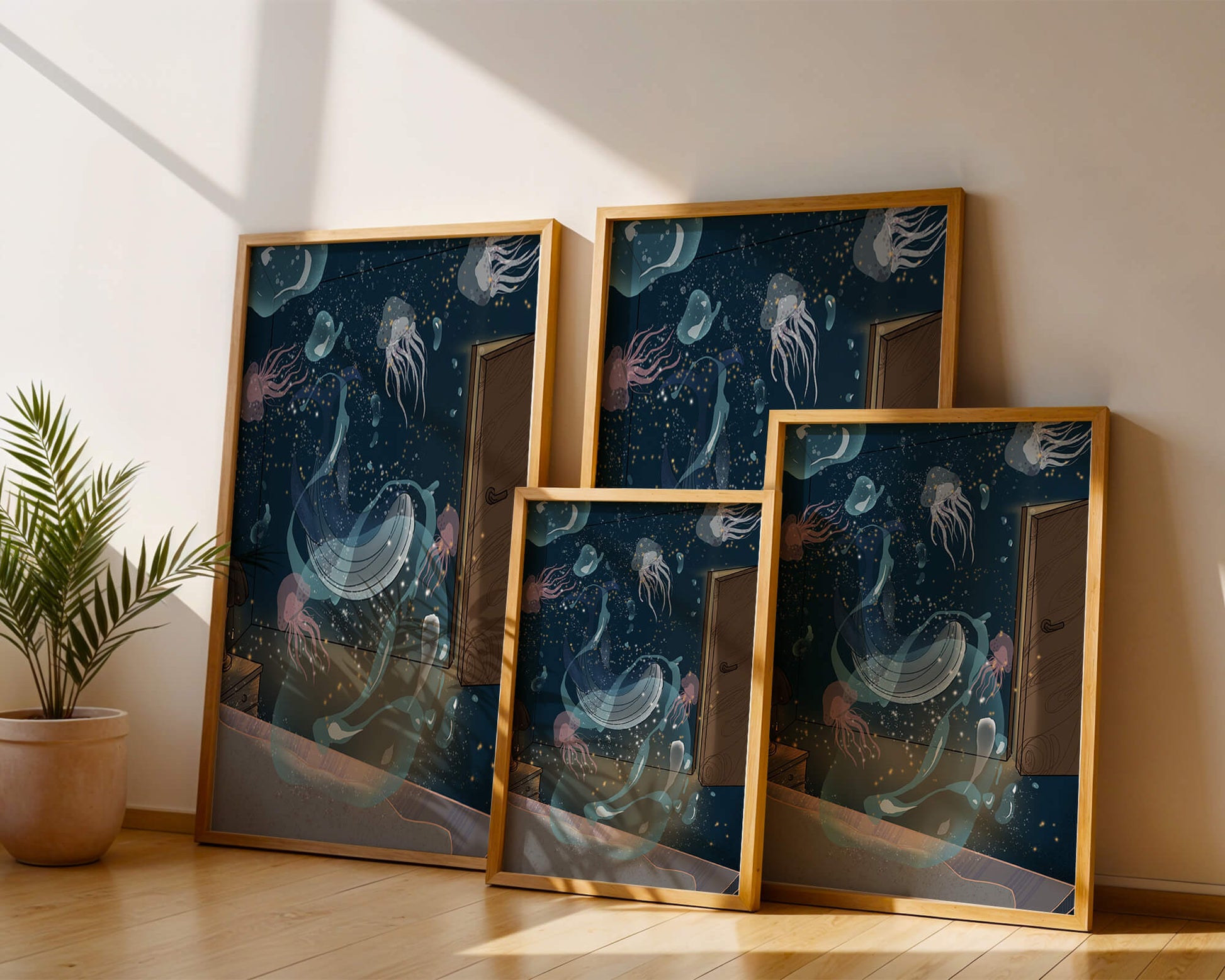 Underwater-themed room with jellyfish and a door