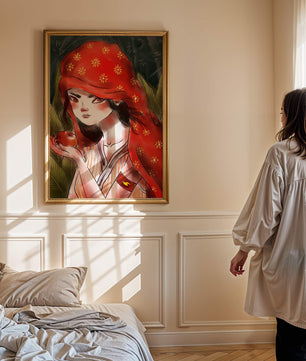 Illustration d'une fille en capuchon rouge tenant une pomme dans une forêt