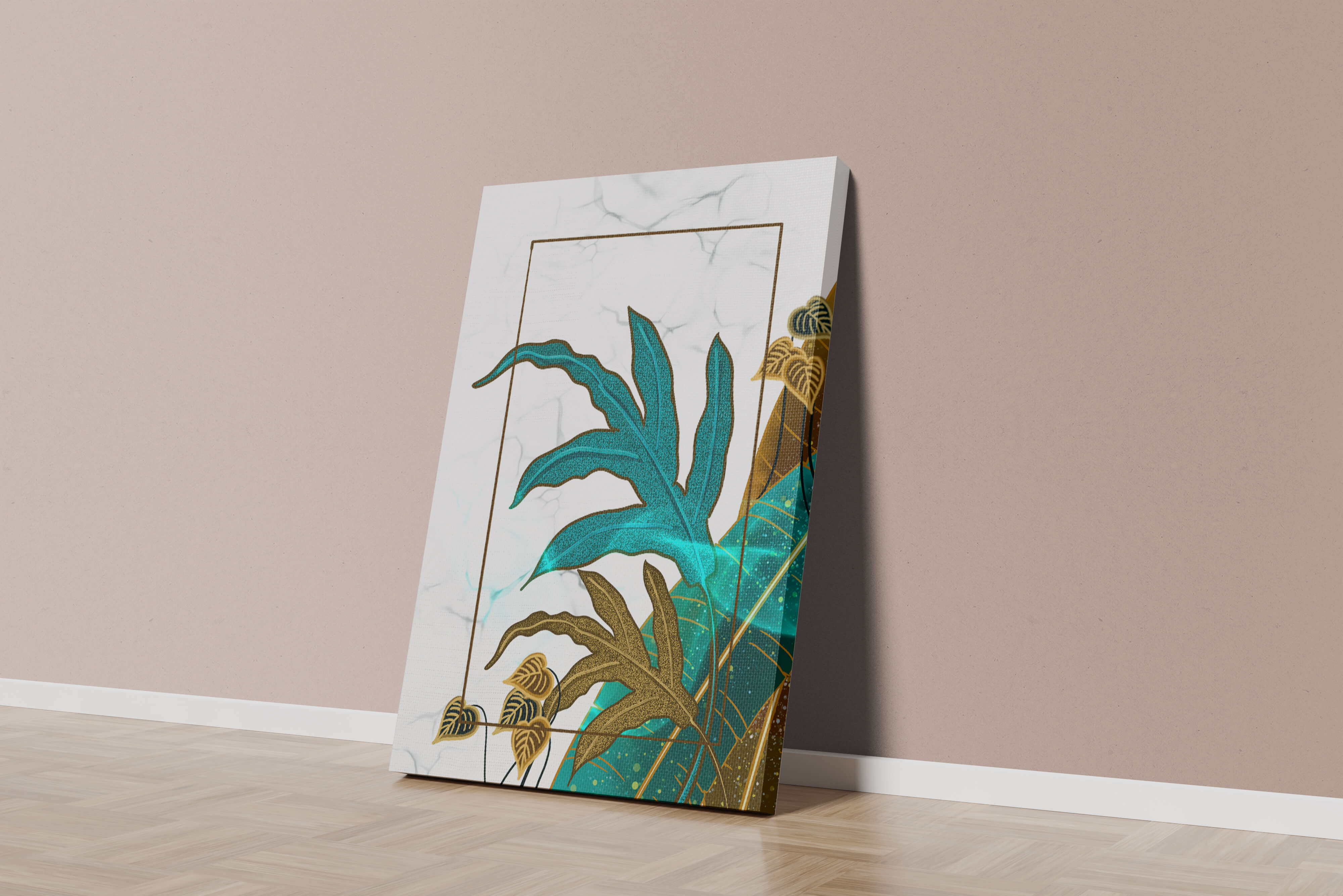 Abstract botanical art with blue and gold leafy designs