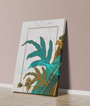 Abstrakte botanische Kunst mit blauen und goldenen Blattmustern