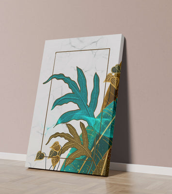 Abstract botanical art with blue and gold leafy designs